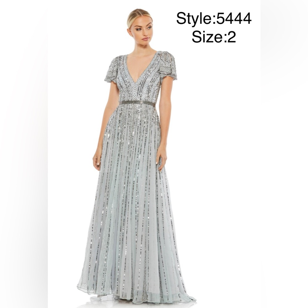 Cap sleeve embellished A-line blue slate gown